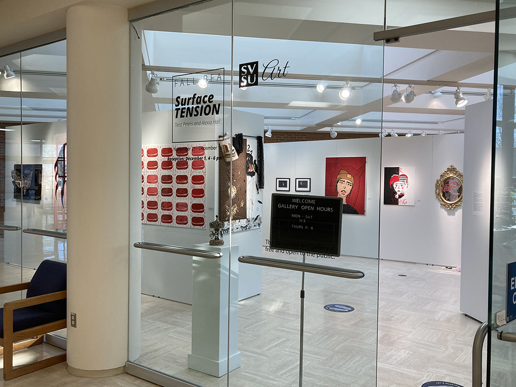 Entrance to BFA exhibition featuring work by Alexia hall (L) and Tera Peters (R)